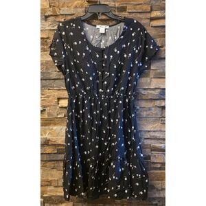 Passport Womens XL Black Daisy Floral Rayon Mini Dress Button Front Tiered Hem